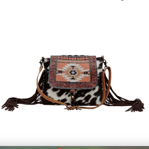 NWT Myra Bags Sansa Azteca Hand-Tooled Bag Western‎ Fringe Cow Print Crossbody - Picture 1 of 9